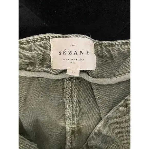 Sézane Olive Green High-Waisted Belted Shorts Size EU 36 28" Waist 100% Cotton - Picture 2 of 6
